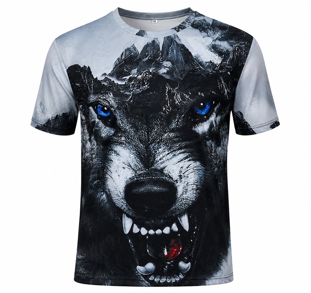 NEW Men's XL 3D Wolf Graphic T-Shirt Blue Eyes Gray Black Short Sleeve Tee F358